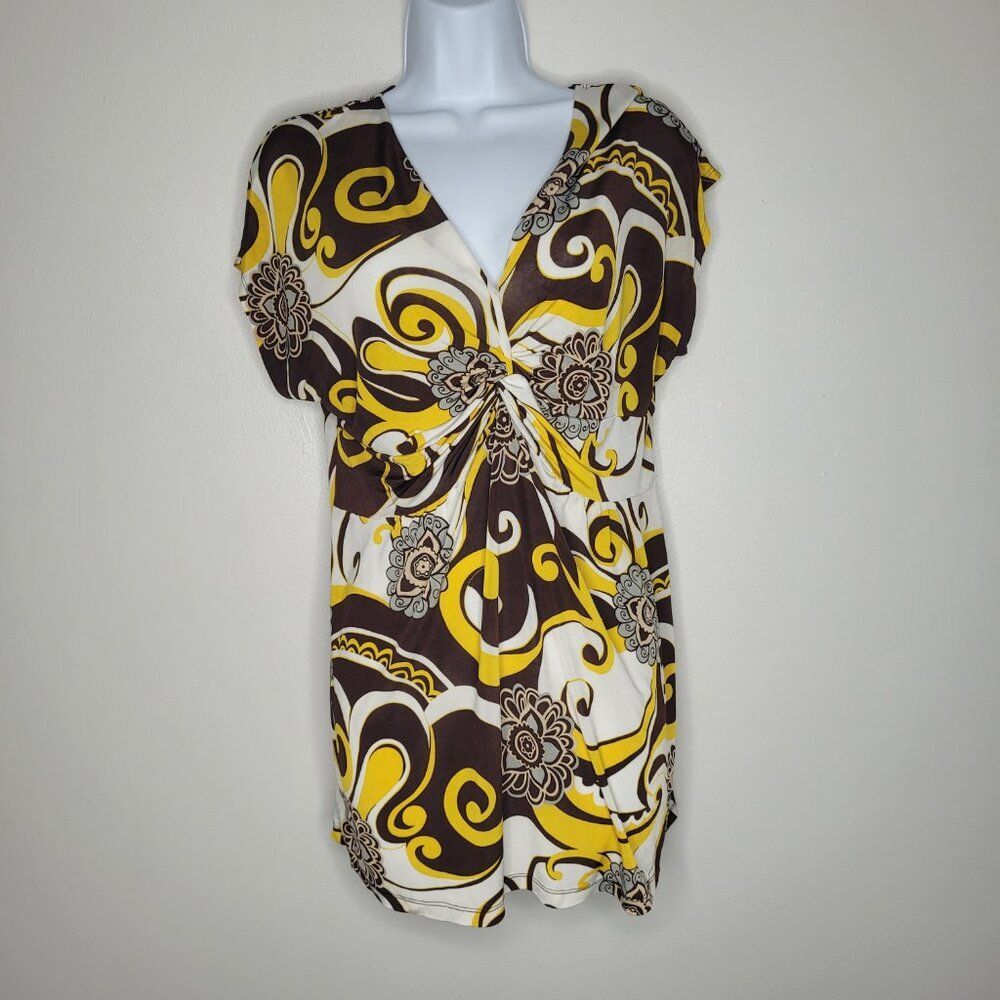 Vintage y2k yellow brown groovy knot front semi sheer swirl print going out top